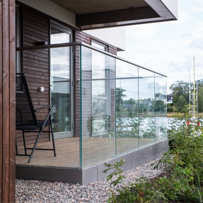 GLASSLOC frameless glass balustrade channel system with handrail - floor mounted and fascia fix options - domestic and commercial use