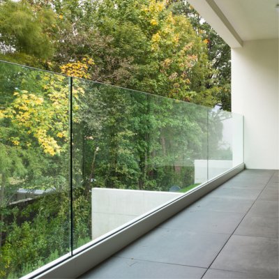 ONLEVEL frameless glass balustrade channel system with no handrail - floor or fascia mount option, commercial or domestic use